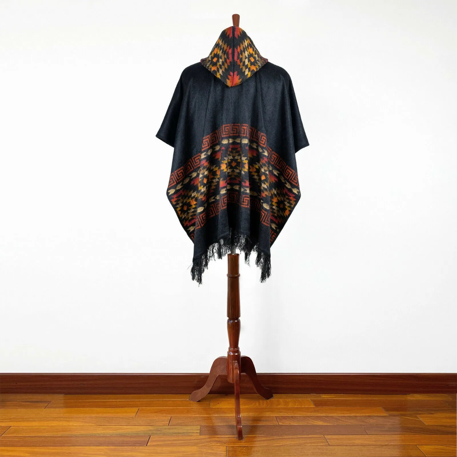 Cutuntza - Lightweight Baby Alpaca Hooded Poncho - Charcoal with Aztec Pattern - Unisex