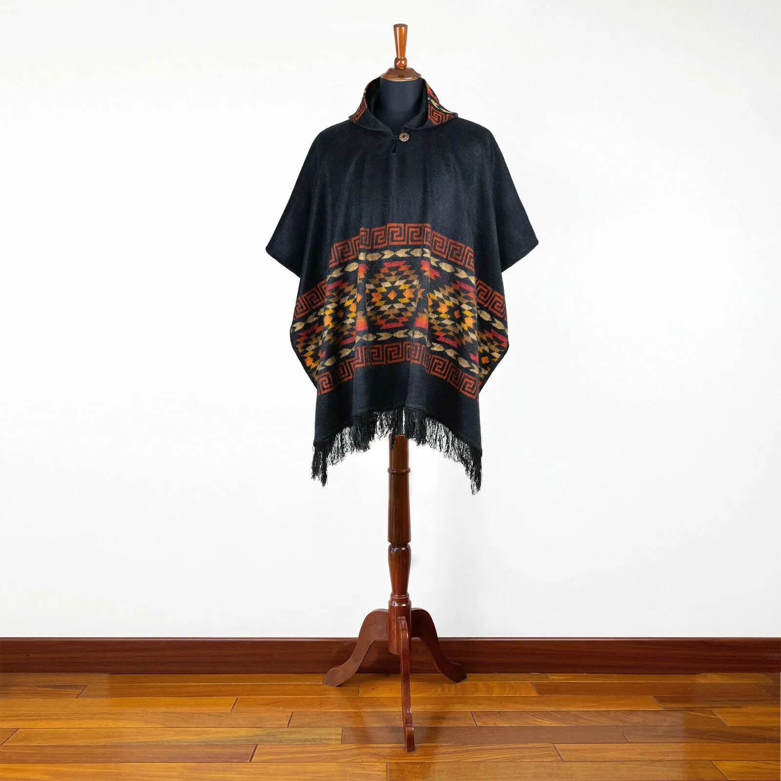 Cutuntza - Lightweight Baby Alpaca Hooded Poncho - Charcoal with Aztec Pattern - Unisex