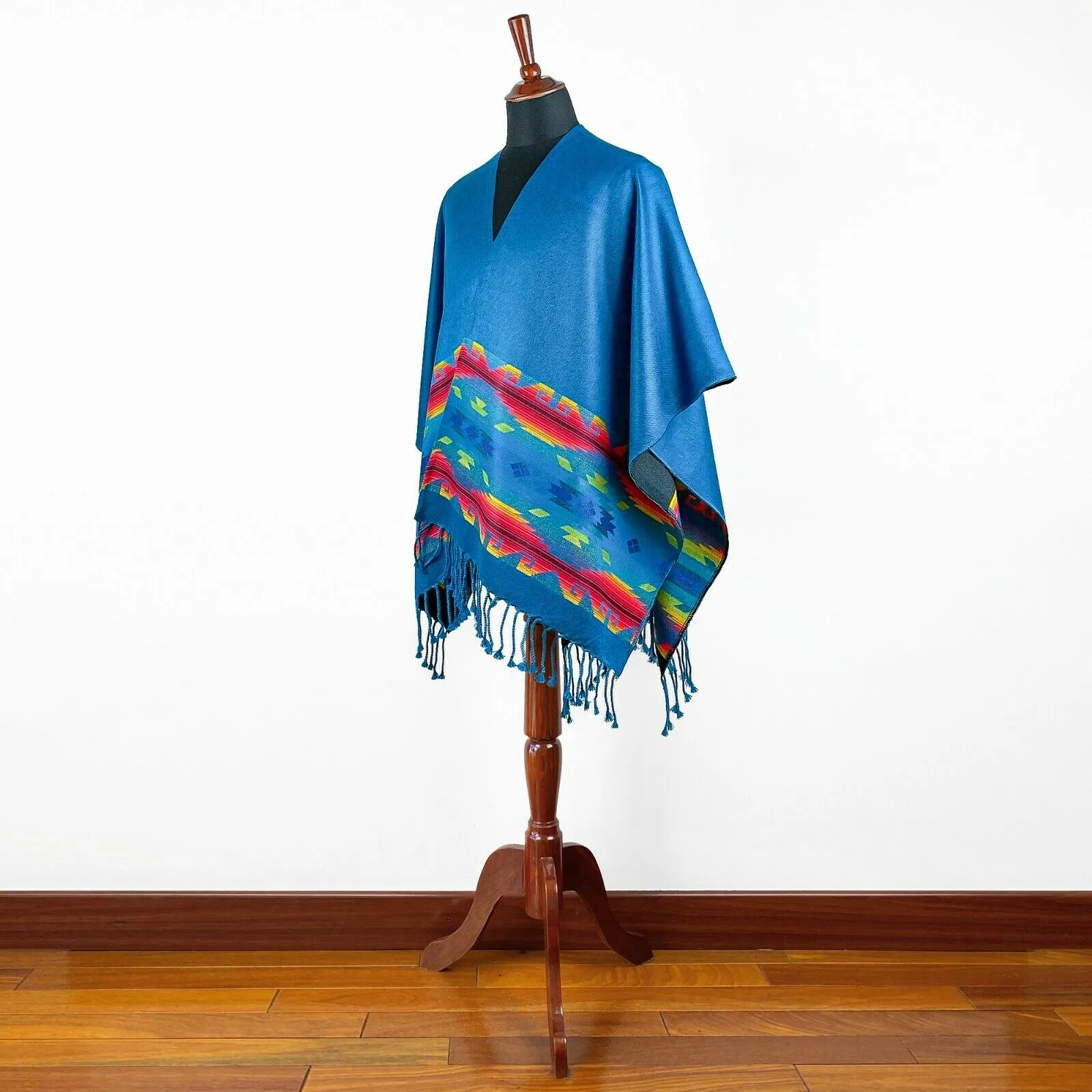 Lightweight Thin Alpaca Wool UNISEX Ruana Cape Poncho/Shawl - Blue with authentic pattern