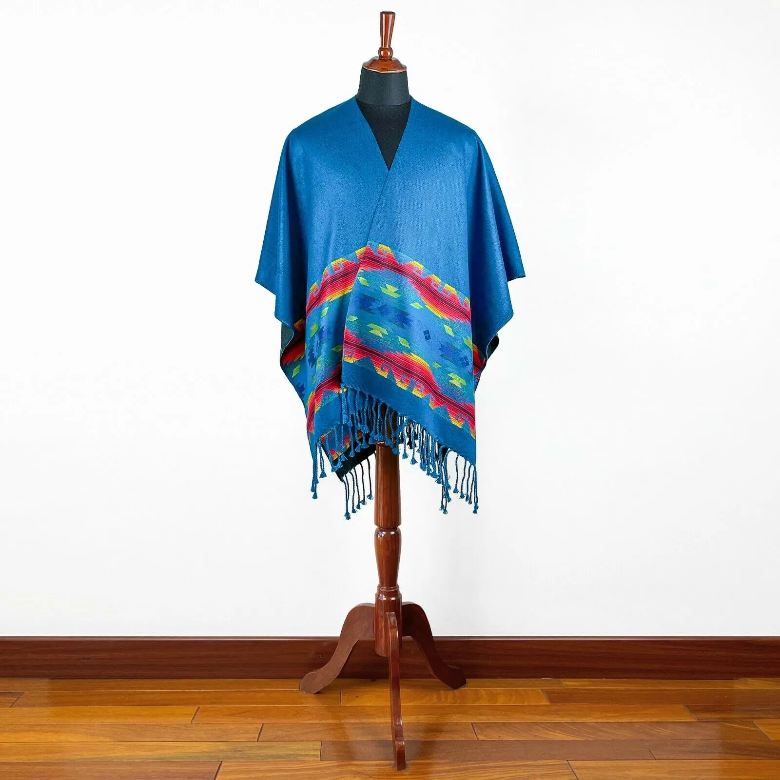 Lightweight Thin Alpaca Wool UNISEX Ruana Cape Poncho/Shawl - Blue with authentic pattern