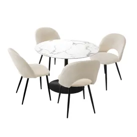 Oikiture 90cm Round Dining Table with 4PCS Dining Chairs White Sherpa