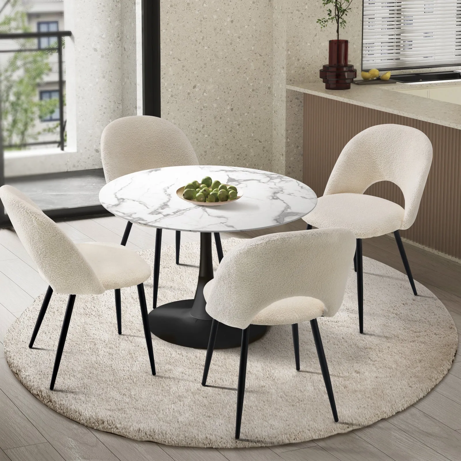 Oikiture 90cm Round Dining Table with 4PCS Dining Chairs White Sherpa