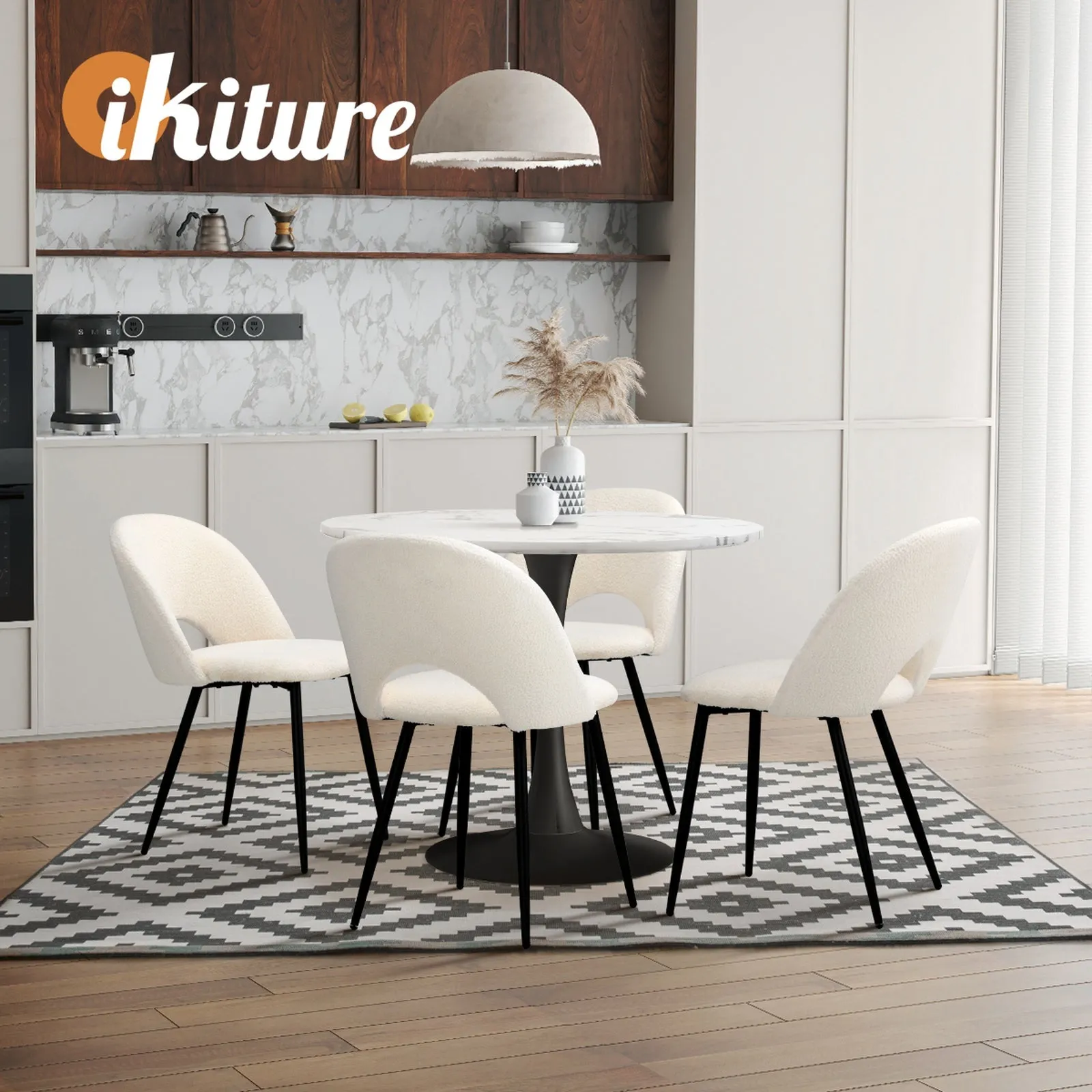 Oikiture 90cm Round Dining Table with 4PCS Dining Chairs White Sherpa