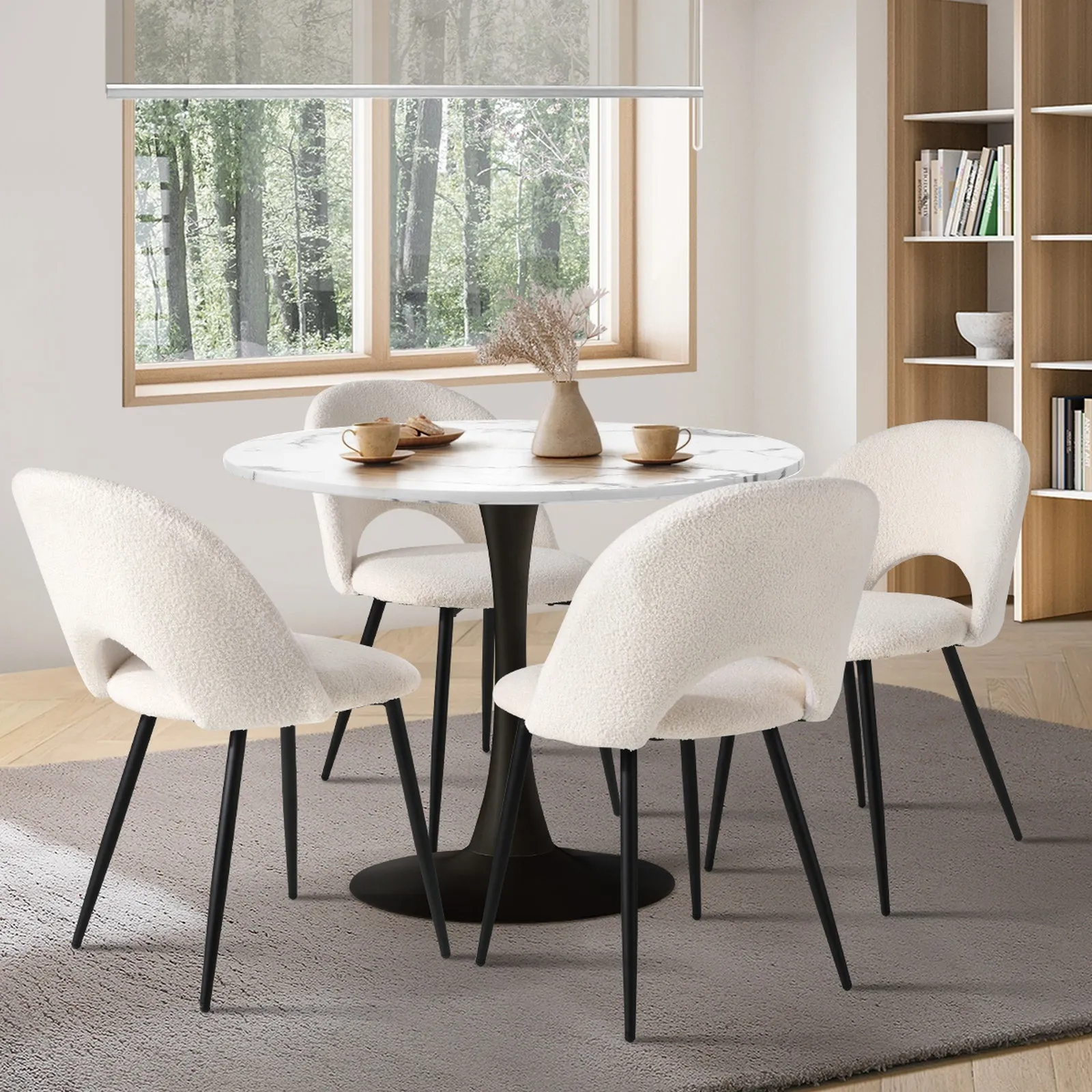 Oikiture 90cm Round Dining Table with 4PCS Dining Chairs White Sherpa