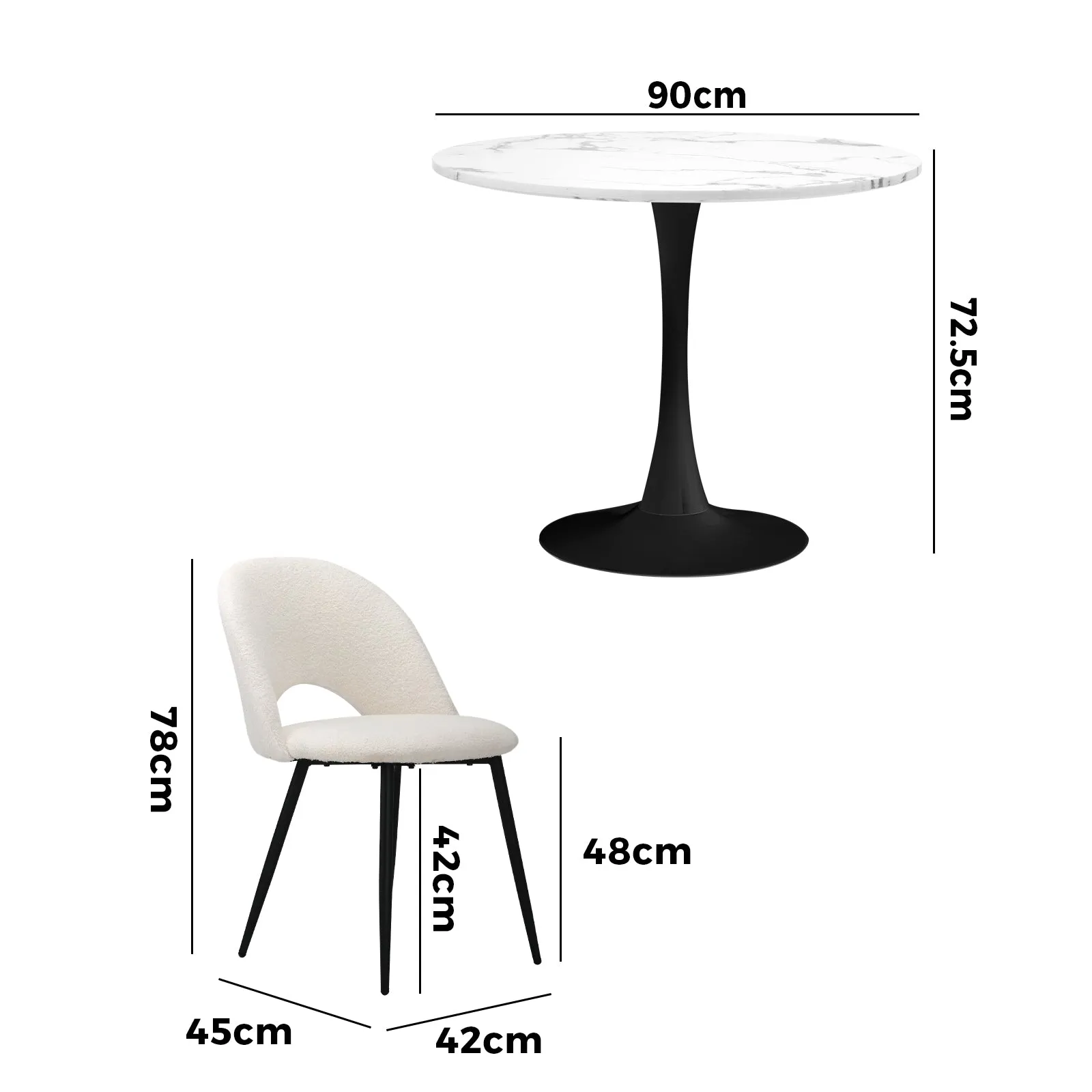 Oikiture 90cm Round Dining Table with 4PCS Dining Chairs White Sherpa