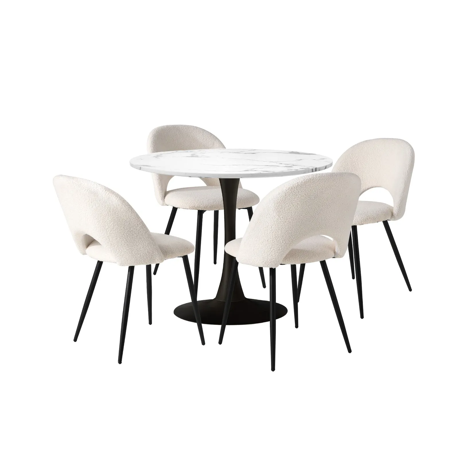 Oikiture 90cm Round Dining Table with 4PCS Dining Chairs White Sherpa