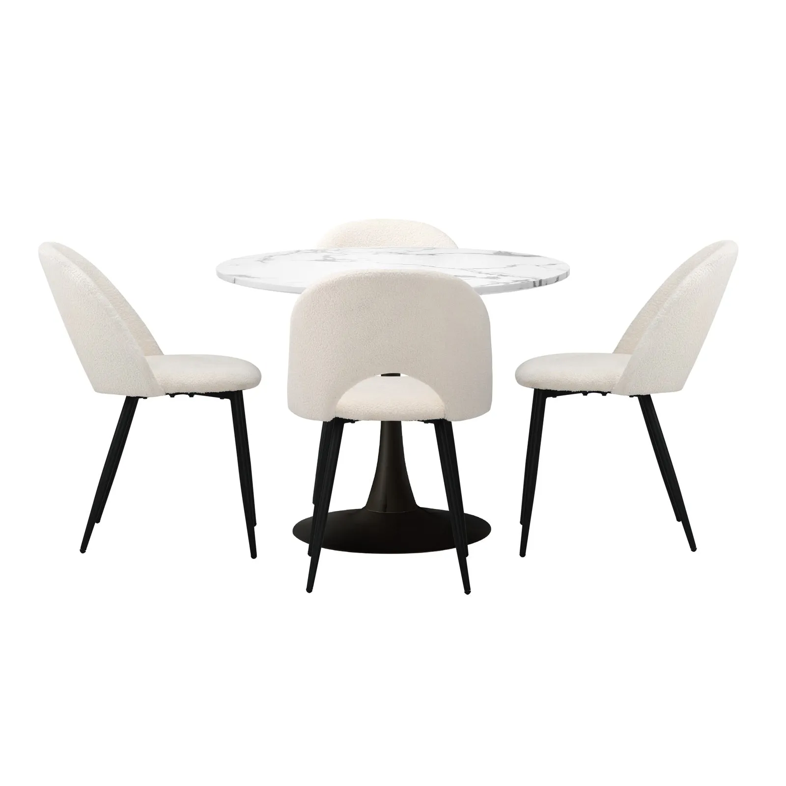 Oikiture 90cm Round Dining Table with 4PCS Dining Chairs White Sherpa