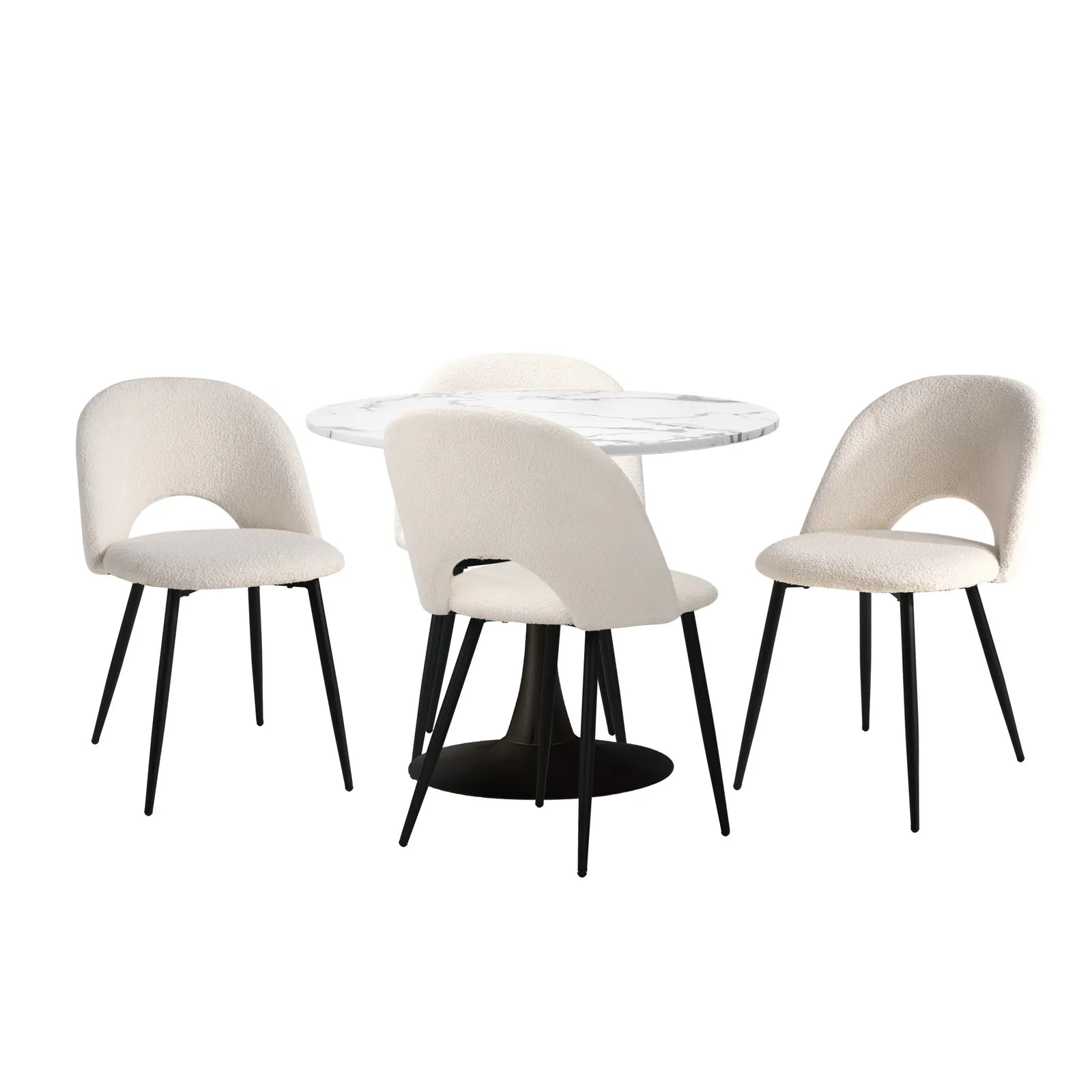 Oikiture 90cm Round Dining Table with 4PCS Dining Chairs White Sherpa