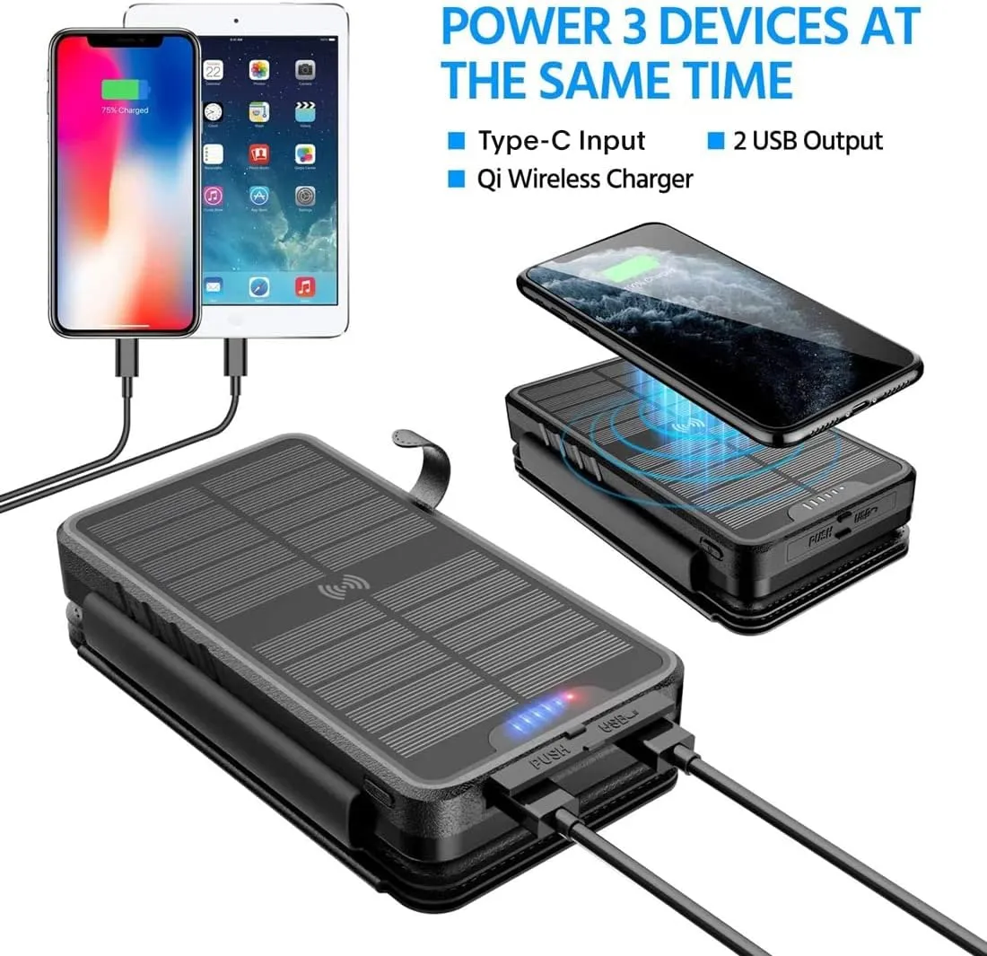 Solar Charger 38800mAh Solar Power Bank with Dual 3.1A Outputs 10W Qi Wireless Charger Waterproof Built-in Solar Panel and Bright Flashlights