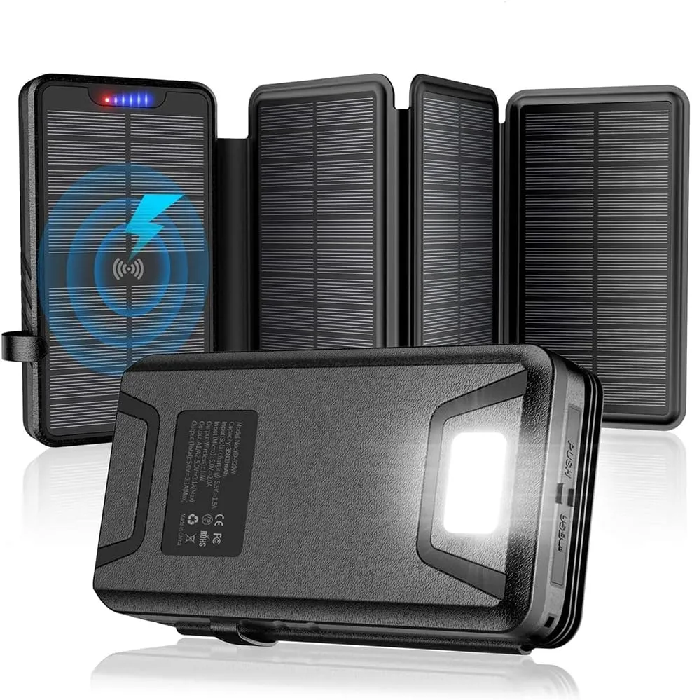 Solar Charger 38800mAh Solar Power Bank with Dual 3.1A Outputs 10W Qi Wireless Charger Waterproof Built-in Solar Panel and Bright Flashlights