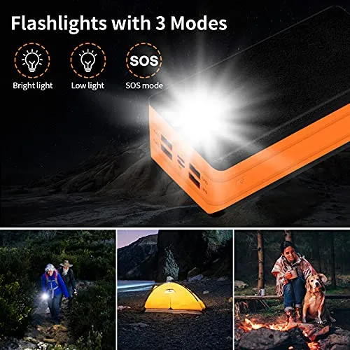 Solar Power Bank 50000mAh, Portable Solar Phone Charger with Flashlight, 4 Output Ports, 2 Input Ports, Solar Battery Bank Compatible with iPhone for Camping, Hiking, Trips