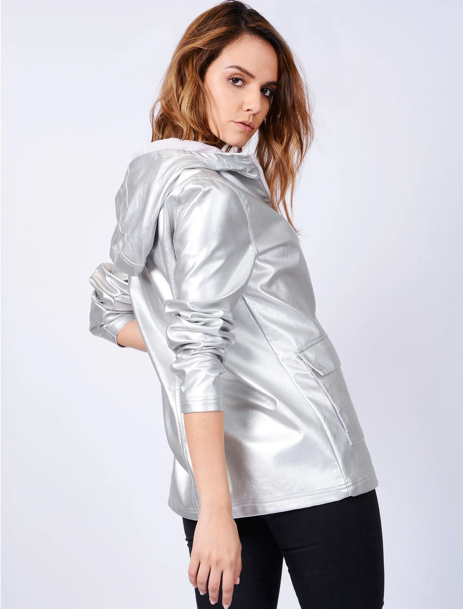 TL Seagull Hooded PU Coat in Metallic Silver - Tokyo Laundry